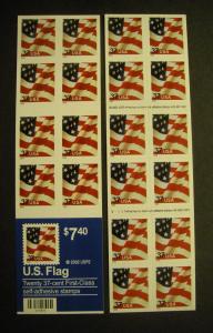 Scott 3636De, 37c Waving Flag, Pane of 20, #V1111, 04 date, MNH Booklet Beauty