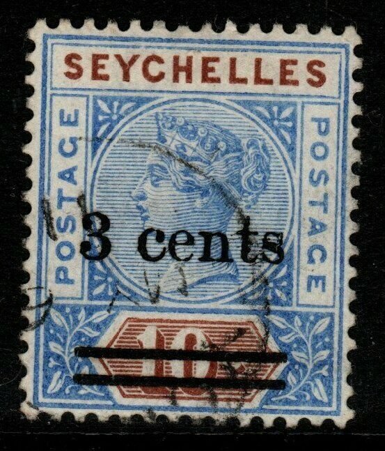 SEYCHELLES SG37 1901 3c on 10c BRIGHT ULTRAMARINE & BROWN USED