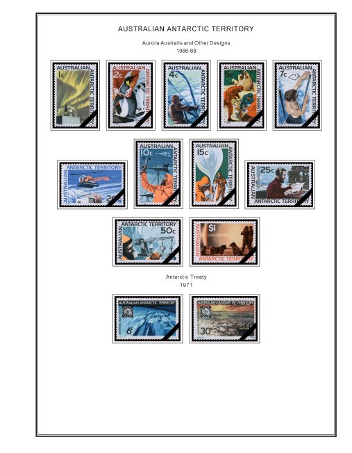 COLOR PRINTED AUSTRALIAN ANTARCTIC 1957-2024 STAMP ALBUM PAGES (52 illus. pages)
