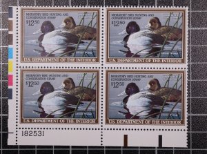 Scott RW56 1989 $12.50 Duck Stamp MNH Plate Block LL 182531 SCV - $85.00