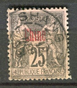 FRENCH COLONIES; CHINE 1890s early P & C Optd. used 25c. value fair Postmark