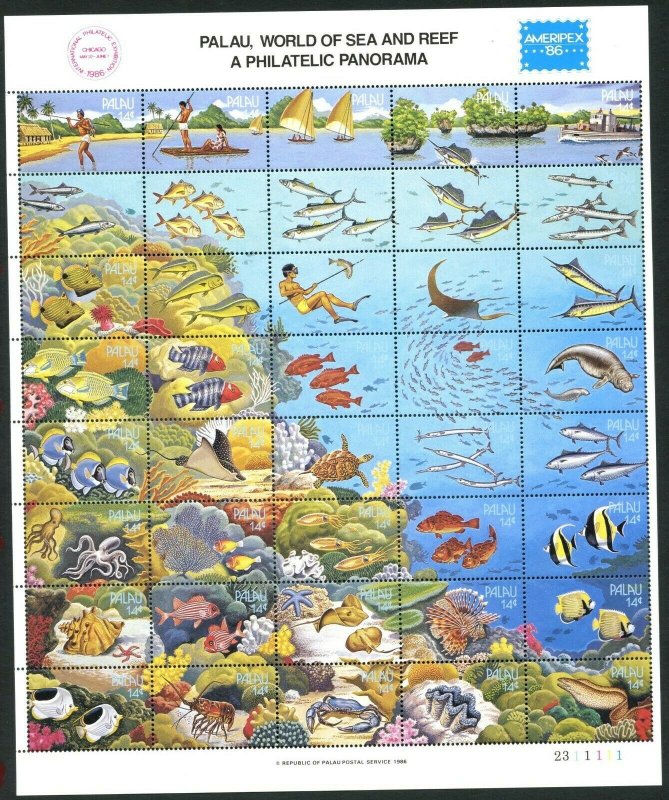 PALAU Sc#1203 1986 AMERIPEX Fish World of Sea & Reef Souvenir Sheet Set OG MNH