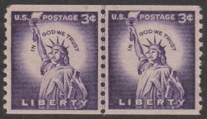U.S.  Scott# 1057a 1954 Regular Issue VF/XF MNH Coil Line Pair Large Holes