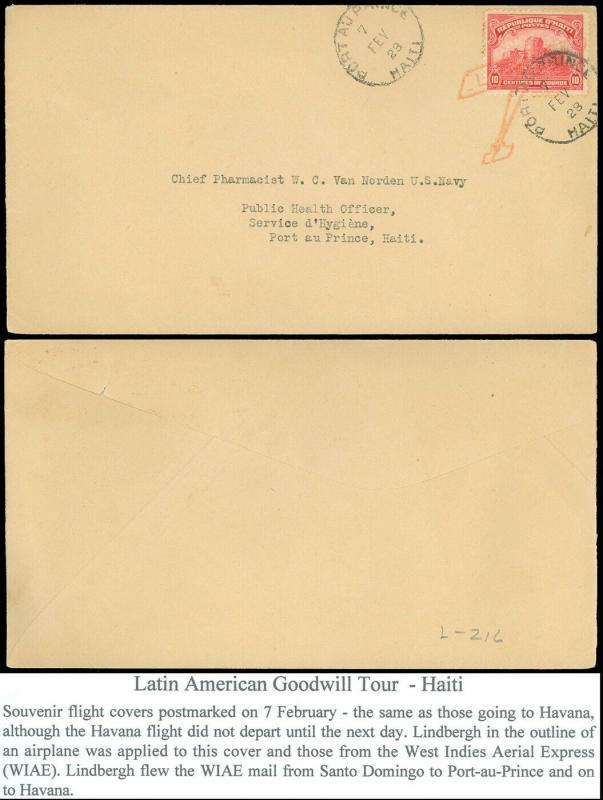 FEB 7 1928 HAITI Cov, LINDBERGH LATIN AMERICA GOODWILL TOUR, ORANGE PLANE Cachet