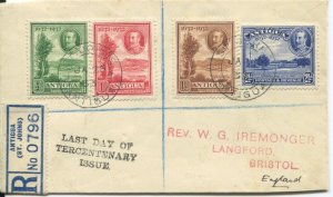 1933 Antigua reg. cover to England with 'LAST DAY OF TERCENTENARY ISSUE&...