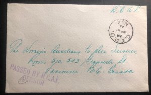 1945 Canadian Army Post Office CAPO 4 NFLD Censored cover To Vancouver