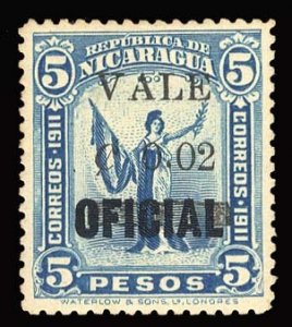 Nicaragua #345 Cat$250, 1914 2c on 5p light blue, lightly hinged, tiny thin, ...