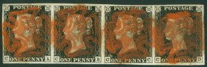 SG 2 1d black plate 1b strip of 4 lettered CA-CD. Fine used with a deep red...