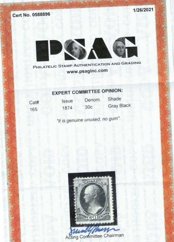 USA #165 Mint Fine Unused (No Gum) **With Certificate**