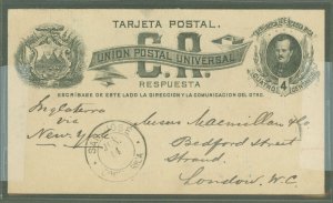 Costa Rica UY 1889 4 cent Reply Card. Used from San Jose to London. Long message