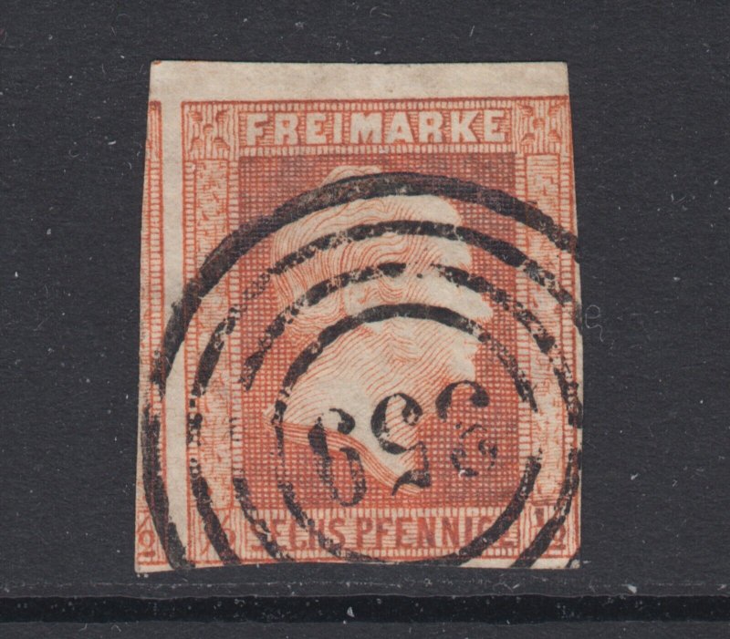 Prussia Sc 2 used. 1850 6pf (½sg) red orange imperf, margins wide to just in