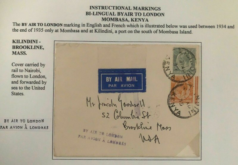 1935 Kilindini Kenya Early Airmail Cover To Brookline MA USA Via London