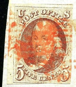 [L5]    US #1 ~ USED 1847 Franklin on Small Piece w/ Light RED GRID Cancel 