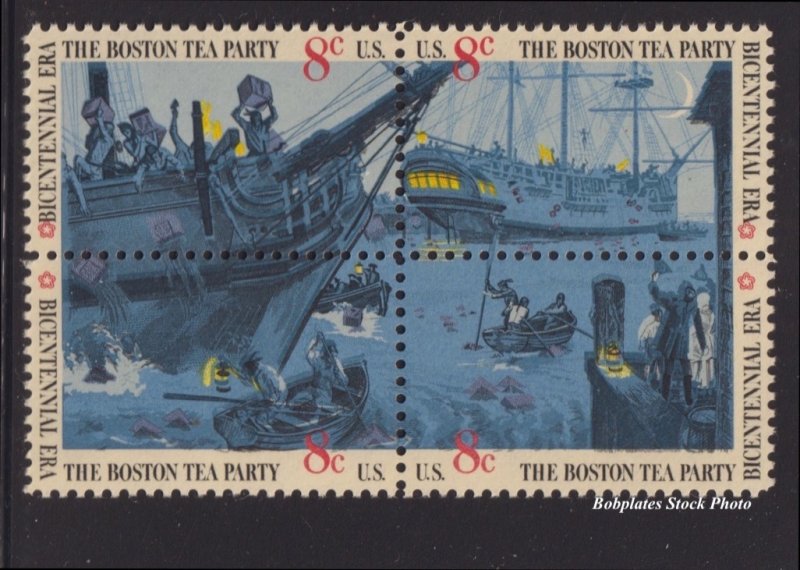 BOBPLATES #1480-3 Boston Tea Party Block of 4 F-VF NH SCV=$1