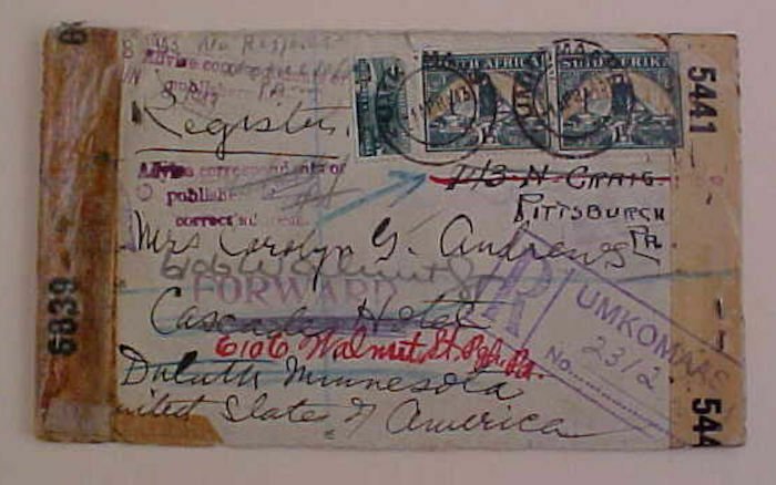 SOUTH WEST AFRICA 1943 THREE DIFF. CENSORS UMKOMAAS REGISTERED 15 CANCELS