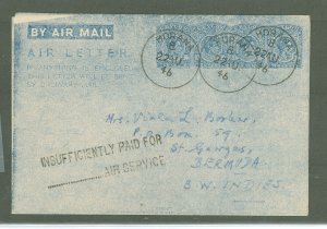 Ceylon  1946 Aerogramme 1946 10c x 4 from Horana, short paid, probable surface to Bermuda, Comm'l use