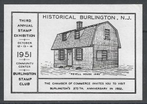 Burlington, N.J., Stamp Club, 1951, Third Annual Stamp Exhibition, Poster Stamp 