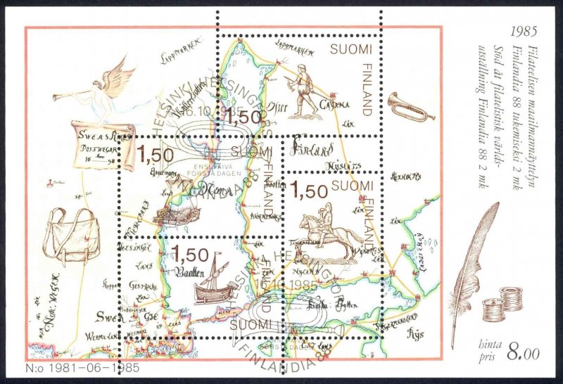 Finland Sc# 728 FD Cancel Souvenir Sheet 1985 Postal Map, 1698