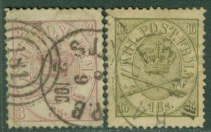 DENMARK : 1864-65. Scott #12, 15 Very Fine, Used. Both nice stamps. Catalog $250 