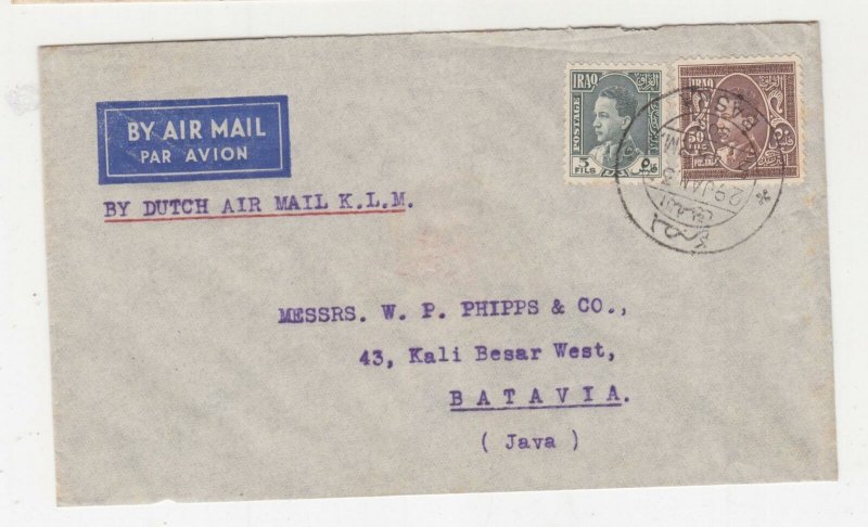 IRAQ, 1937 Airmail cover, Basrah to Neth. East Indies, 5f., & 50f.