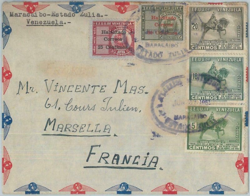 74599 - VENEZUELA - POSTAL HISTORY - OVERPRINTED stamps on COVER to FRANCE 1951