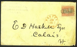 US 1860S 3c ROSE BOSTON IN RED AND PAID TO CALAIS VT EMBOSSED CORNER WOODWAR
