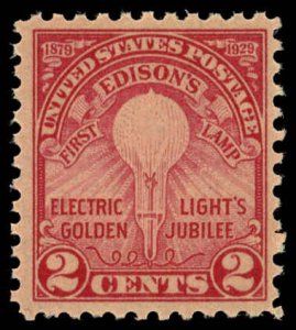 US Sc 654 MNH - 1929 2¢ - Edison's First Lamp - Flate Press, Perf 11