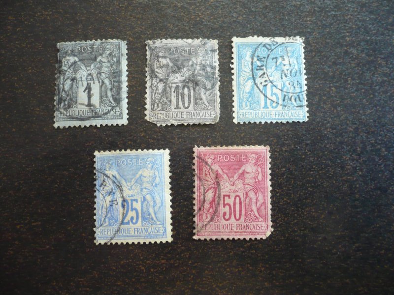 Stamps - France - Scott#81,86,91,92,101 - Used Part Set of 5 Stamps