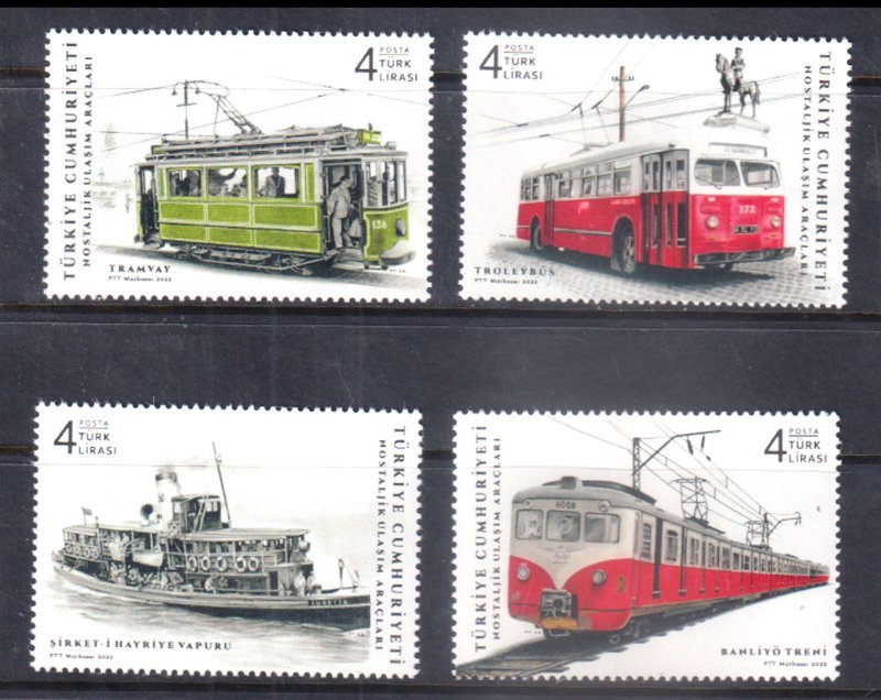 TURKEY - 2022 HISTORIC PUBLIC TRANSPORT / RAILWAY TRAMS SHIPS - 4V - MINT NH