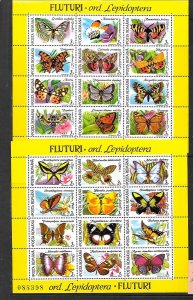 ROMANIA Sc 3696-97 NH issue of 1991 - 2 MINISHEETS - BUTTERFLIES 