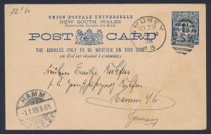 NEW SOUTH WALES Postcard 1898 ½d, 'Town Hall', 'New Year Greetings'. to Germany.
