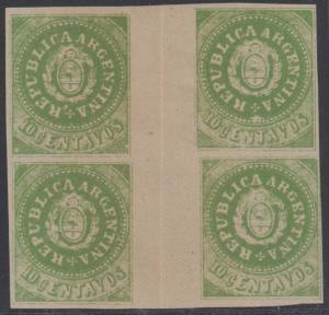 ARGENTINA 1862 COAT OF ARMS Sc 6 GUTTER BLOCK OF FOUR LANGE FORGERY MNH 