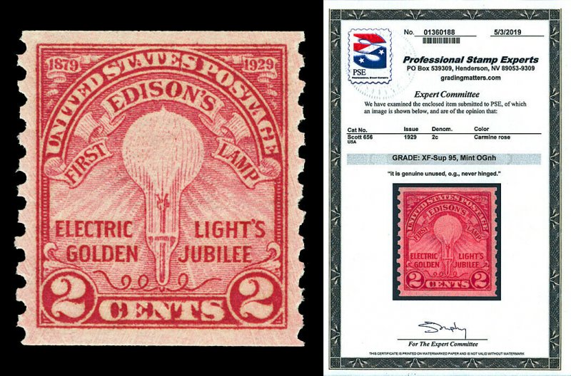 Scott 656 1929 2c Edison Coil Issue Mint Graded XF-Sup 95 NH w/ PSE CERTIFICATE!