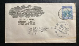 1938 Kingston Jamaica Commercial Cover To St. Louis MO USA Myers Sugar & Rum