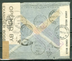 BELGIAN CONGO 1941  #C5 on CENSORED FIRST  DELAYED FLGT to US RETURNED to SENDER