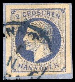 German States, Hanover #20 Cat$40, 1859 2g ultramarine, used on piece