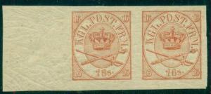 DENMARK #15, 16sk Coat of Arms, Imperf PROOF pair in red on wmk paper, VF