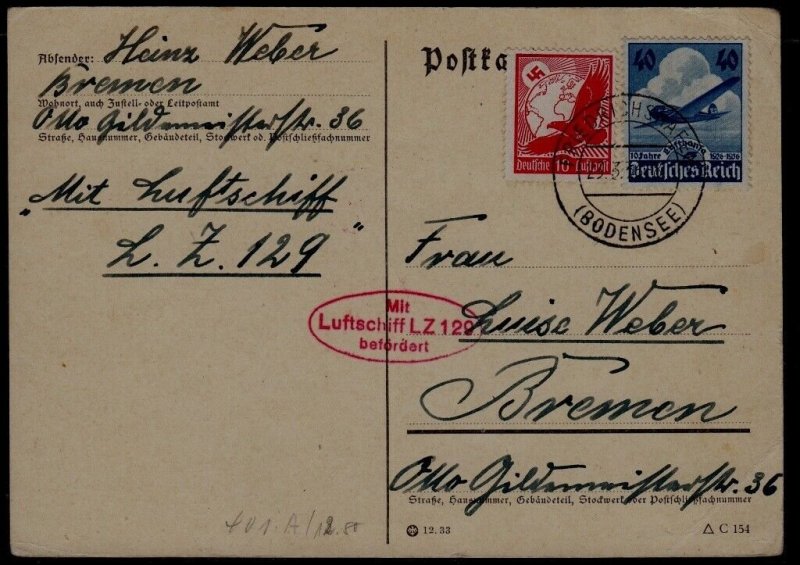 Germany Zeppelin card LZ 129 23.3.36 creased corner