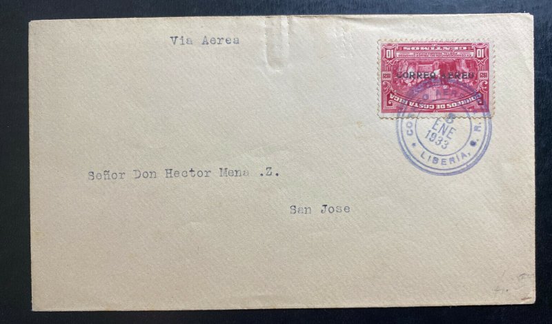 1933 Liberia Costa Rica Airmail cover to San Jose Sc#C2 Inverted Overprint