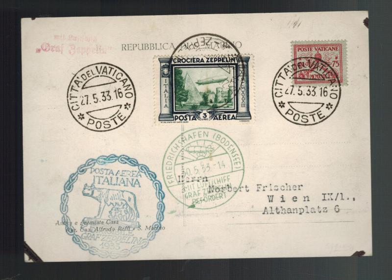 1933 Italy Graf Zeppelin Postcard Cover to Austria LZ 127 # C42 Vatican Franking