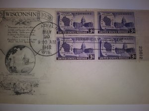 SCOTT #957 FIRST DAY OF ISSUE WISCONSIN PLATE BLOCK BEAUTIFUL DAY LOWRY CACHET