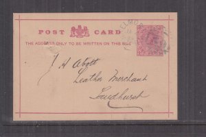 VICTORIA, POSTAL CARD, 1884 1d. Rose, ELMORE 50 duplex in Blue to Sandhurst.