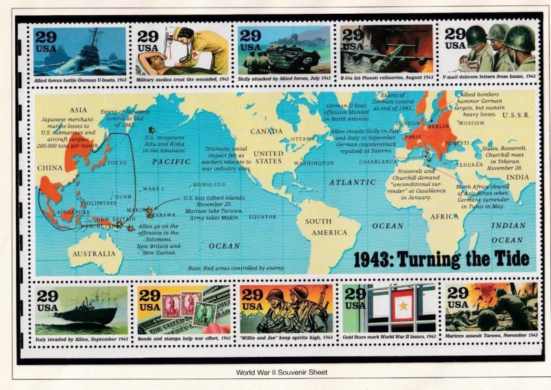 USA VF-MNH 1943 TURNING THE TIDE WORLD WAR 11 S/SHEET PO FRESH