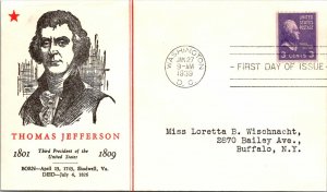 1939 FDC Coil Prexy - Thomas Jefferson, 3rd Pres - Washington - F21222