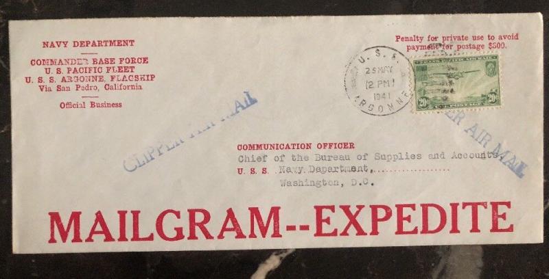 1941 US Navy Dept USS Argonne Flagship Cover To Washington DC Mailgram Express