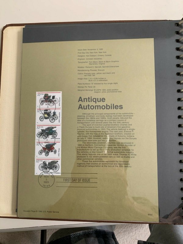 USPS Souvenir Page Scott 3019-3023 1996 antique automobiles