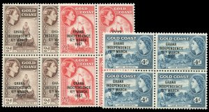 Ghana #25-27 Cat$31, 1958 Independence, set of three blocks of four, never hi...