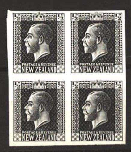 NEW ZEALAND GV surface printed ½d plate proof in black imperf block........81176