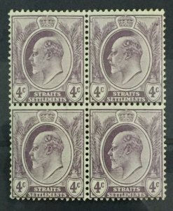 Malaya 1906-12 Straits Settlements KEVII 4c Block of 4V MNH MCCA SG#155 M3719