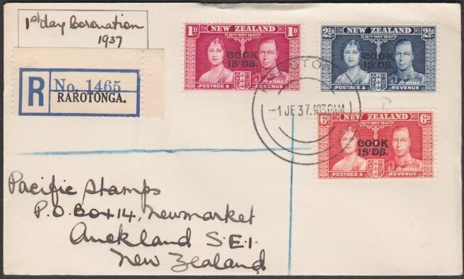 COOK IS 1937 Coronation registered FDC ex Rarotonga.........................N161